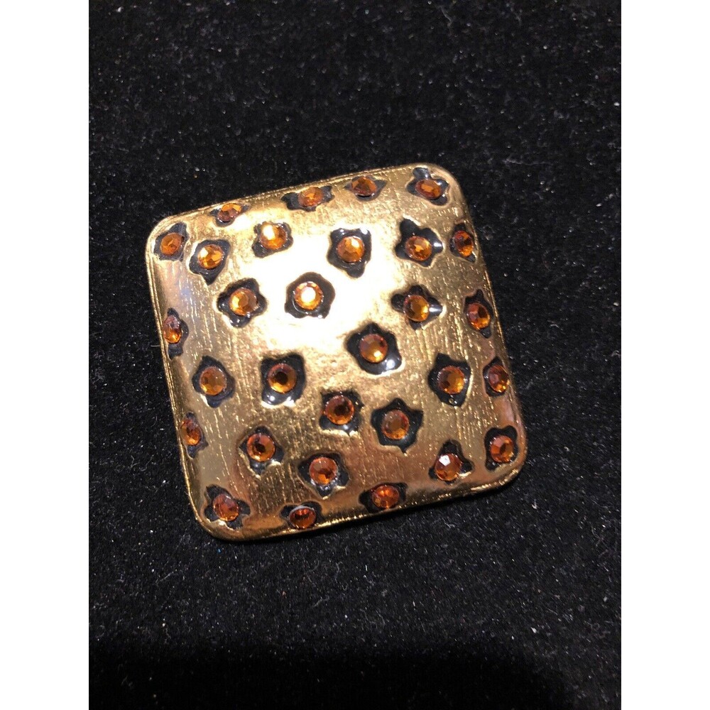 Beautiful Square Gold Tone Pin With Topaz Rhinestones 1.5”